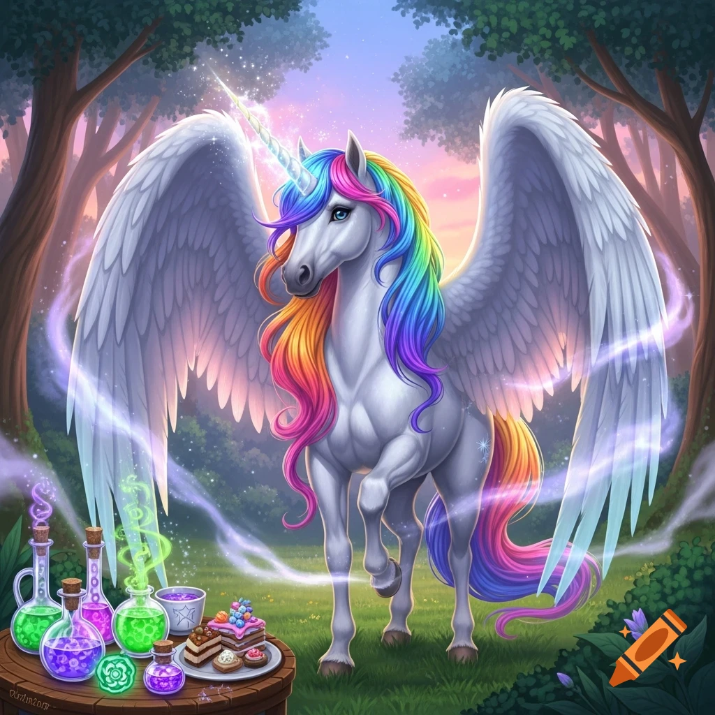 A vibrant white winged unicorn with a rainbow mane and tail stands in a magical forest clearing next to a table with glowing potions and cakes.