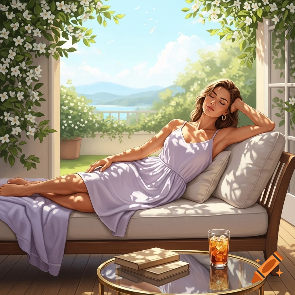 A woman in a lilac dress relaxes on a lounge chair on a sunny balcony overlooking a lake, digital art.