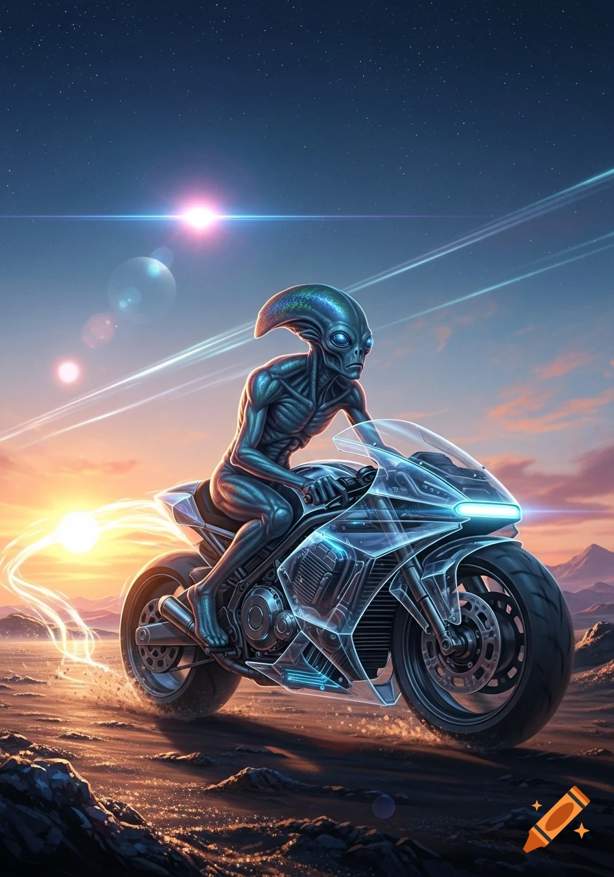 An alien with large eyes and a pointed head rides a futuristic transparent motorcycle across a desert planet under a colorful alien sky.