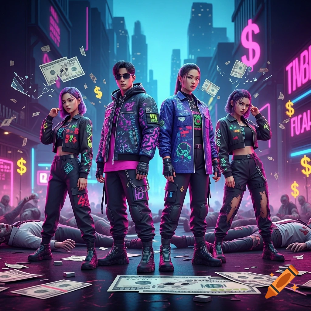 Four stylized K-pop-inspired zombie hunters in futuristic streetwear stand over defeated figures in a neon urban alley, surrounded by money.