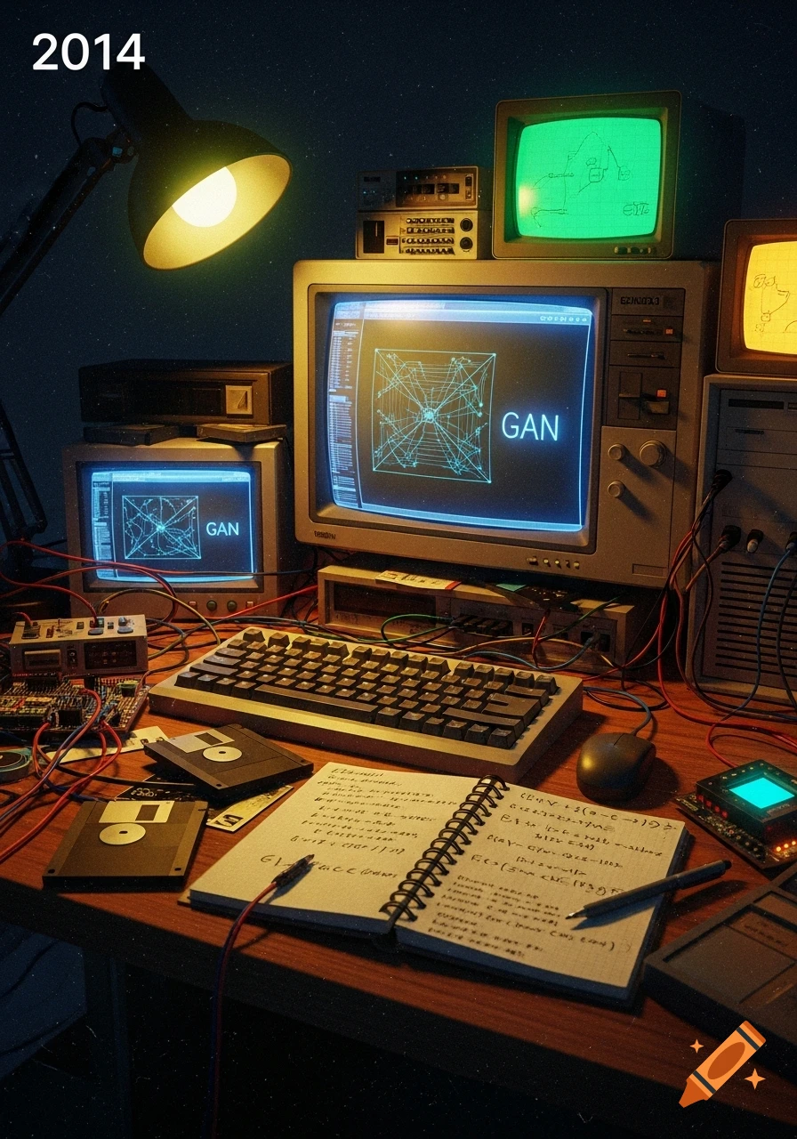 A cluttered retro desk with multiple CRT monitors displaying "GAN" and geometric patterns, a keyboard, mouse, floppy disks, a notebook with illegible handwriting, and a desk lamp, set against a dark, starry background.