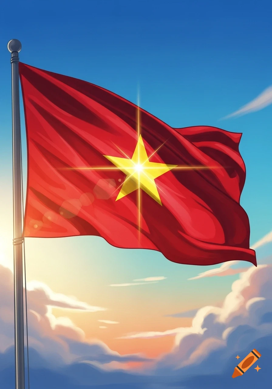 A red flag with a prominent yellow star waving on a flagpole against a vibrant blue and orange sunset sky. Illustration.