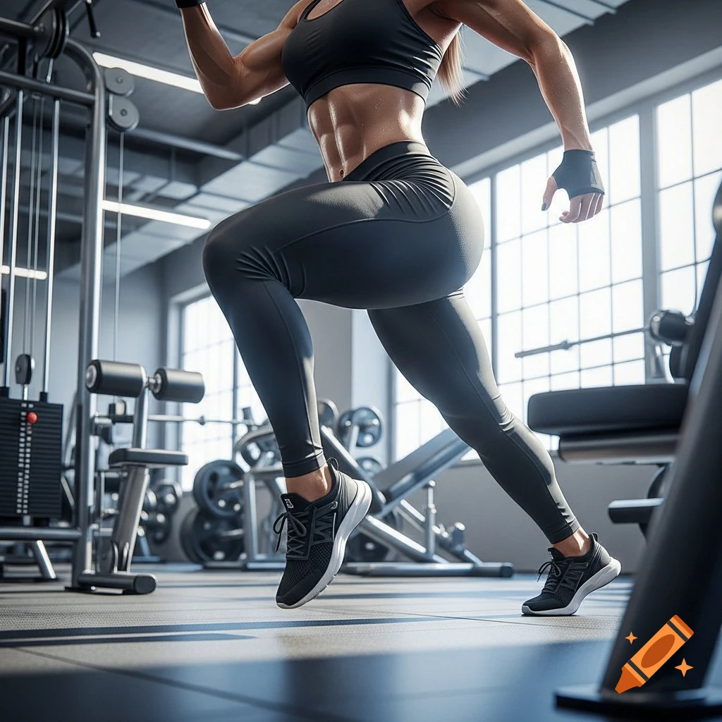 Muscular woman in black gym clothes running in a modern gym, photorealistic style.