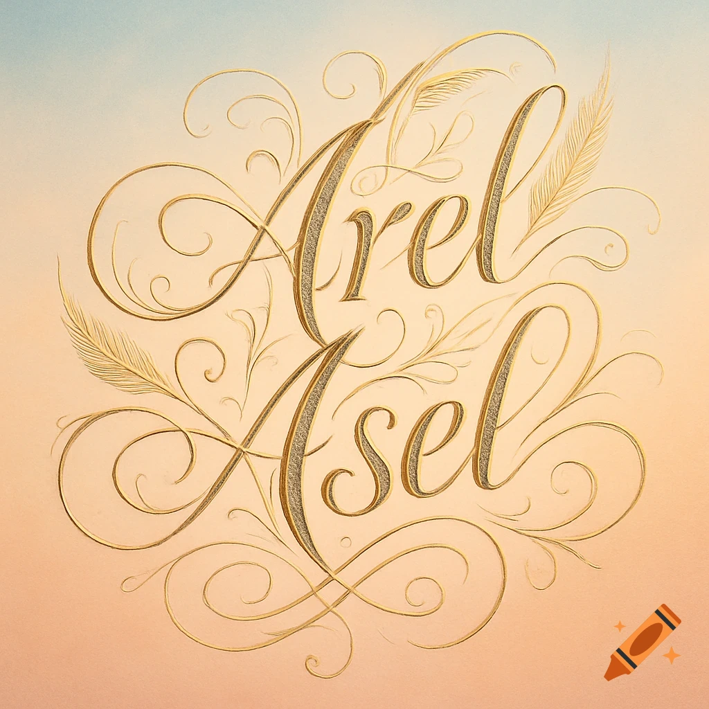 Gold glitter calligraphy spelling 'Arel Asel' with ornate flourishes and feather motifs on a soft gradient background.