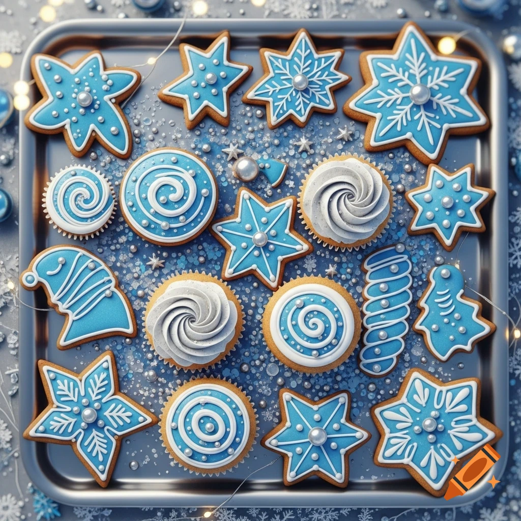 A silver tray filled with blue and white gingerbread cookies and white-iced cupcakes, adorned with silver pearls and glitter, in a festive, top-down view.