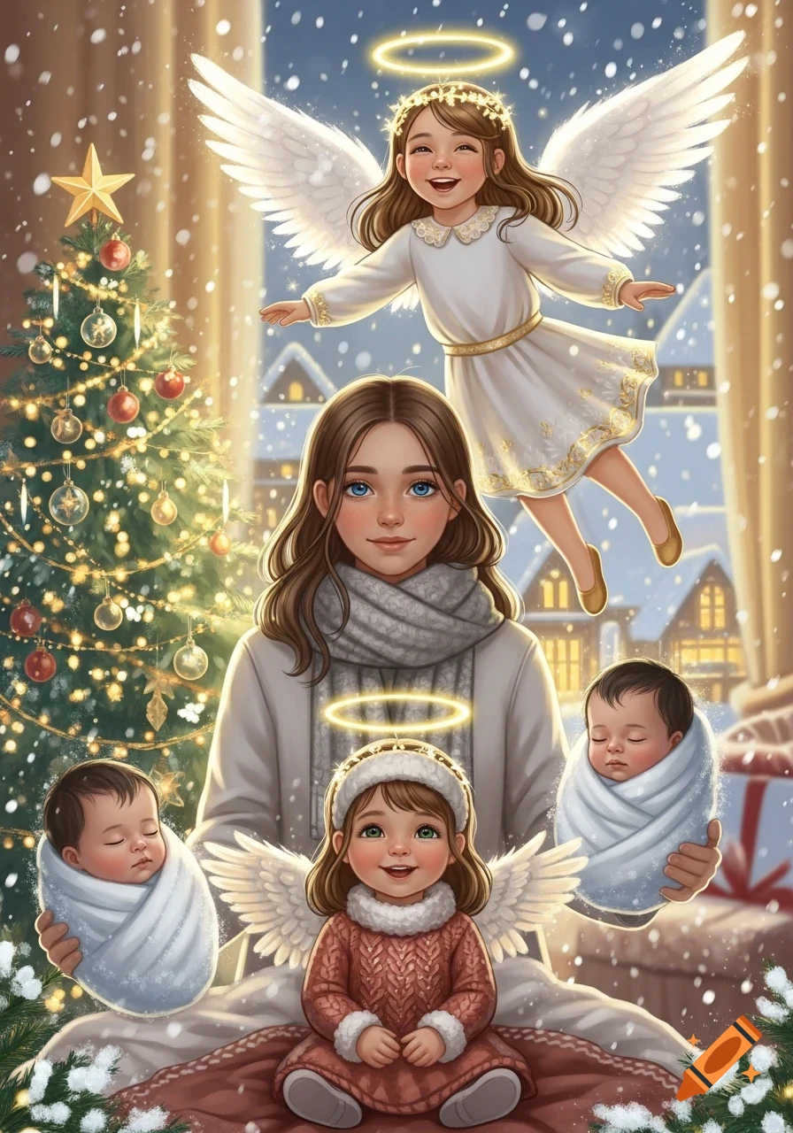 Illustrated Christmas scene with a woman, three children as angels, and two babies, by a decorated tree and snowy village.