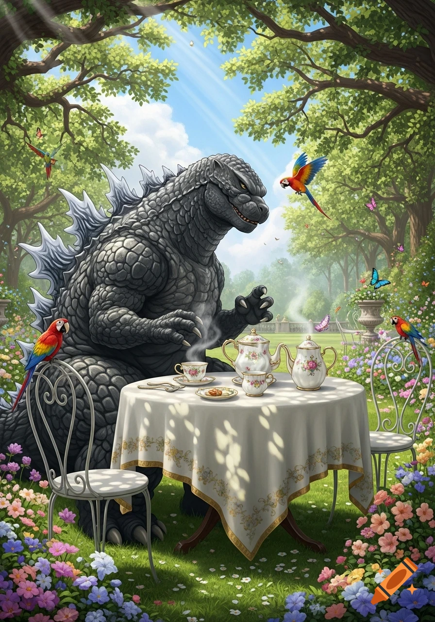 Godzilla enjoys a whimsical tea party in a lush, sunlit garden with colorful parrots and butterflies, in a detailed illustration.