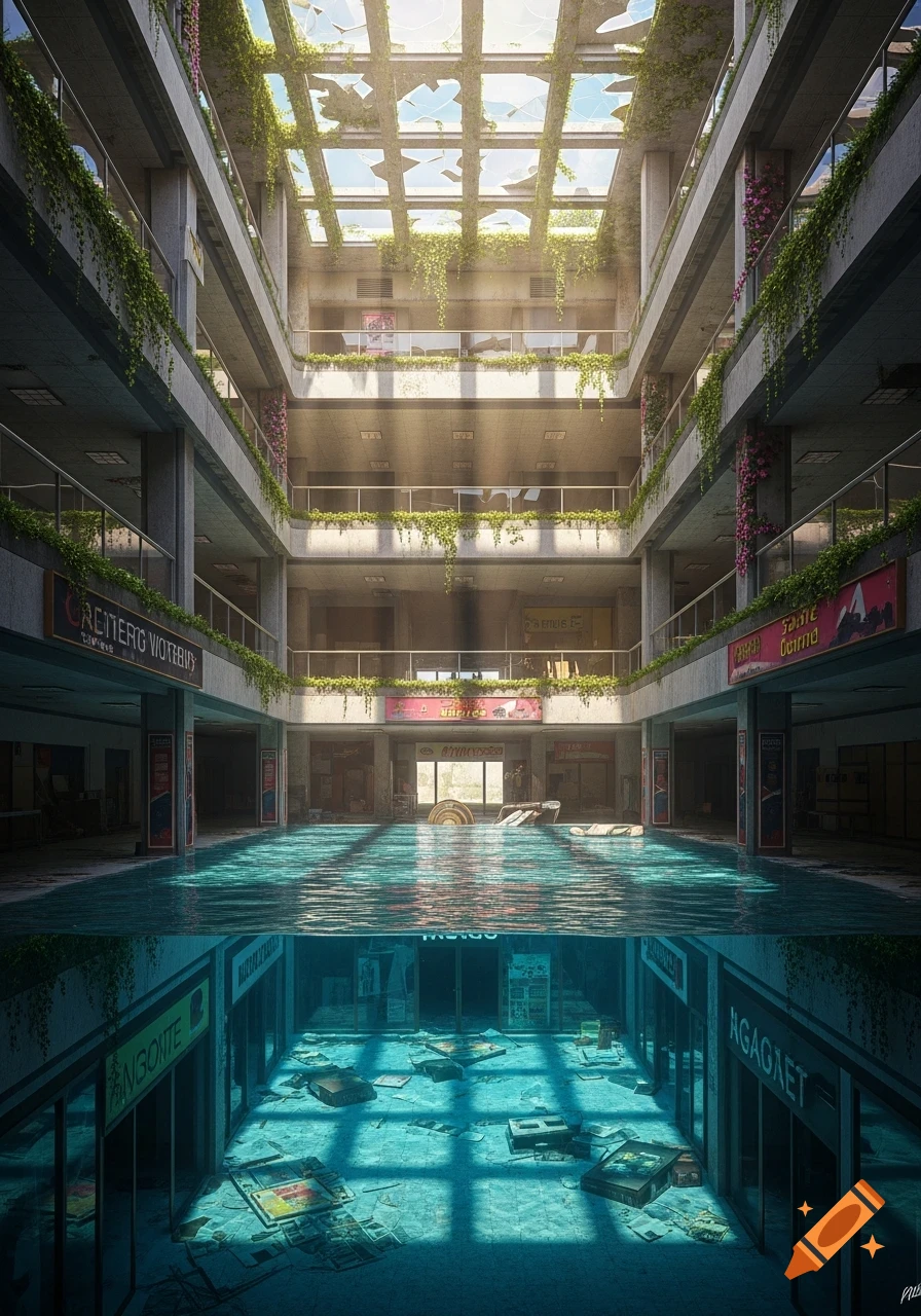 An abandoned multistory shopping mall with a glass roof, overgrown with vines, partially flooded with sparkling clear water.