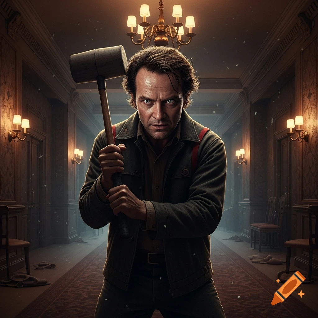 An intense man resembling Jack Torrance holds a large mallet in a dimly lit, ornate hotel hallway.