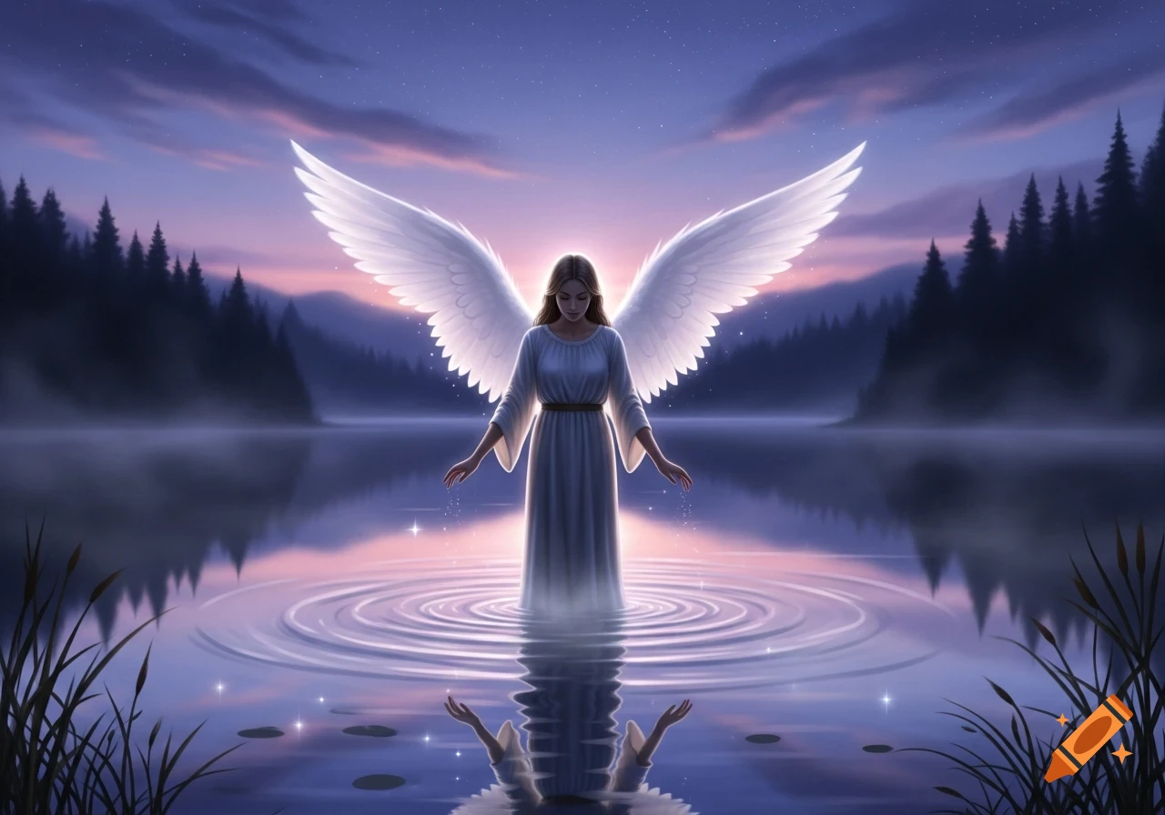 An angel with large white wings stands in the middle of a tranquil lake at twilight, casting ripples and a reflection. Distant forests line the shore under a purple and pink sky.