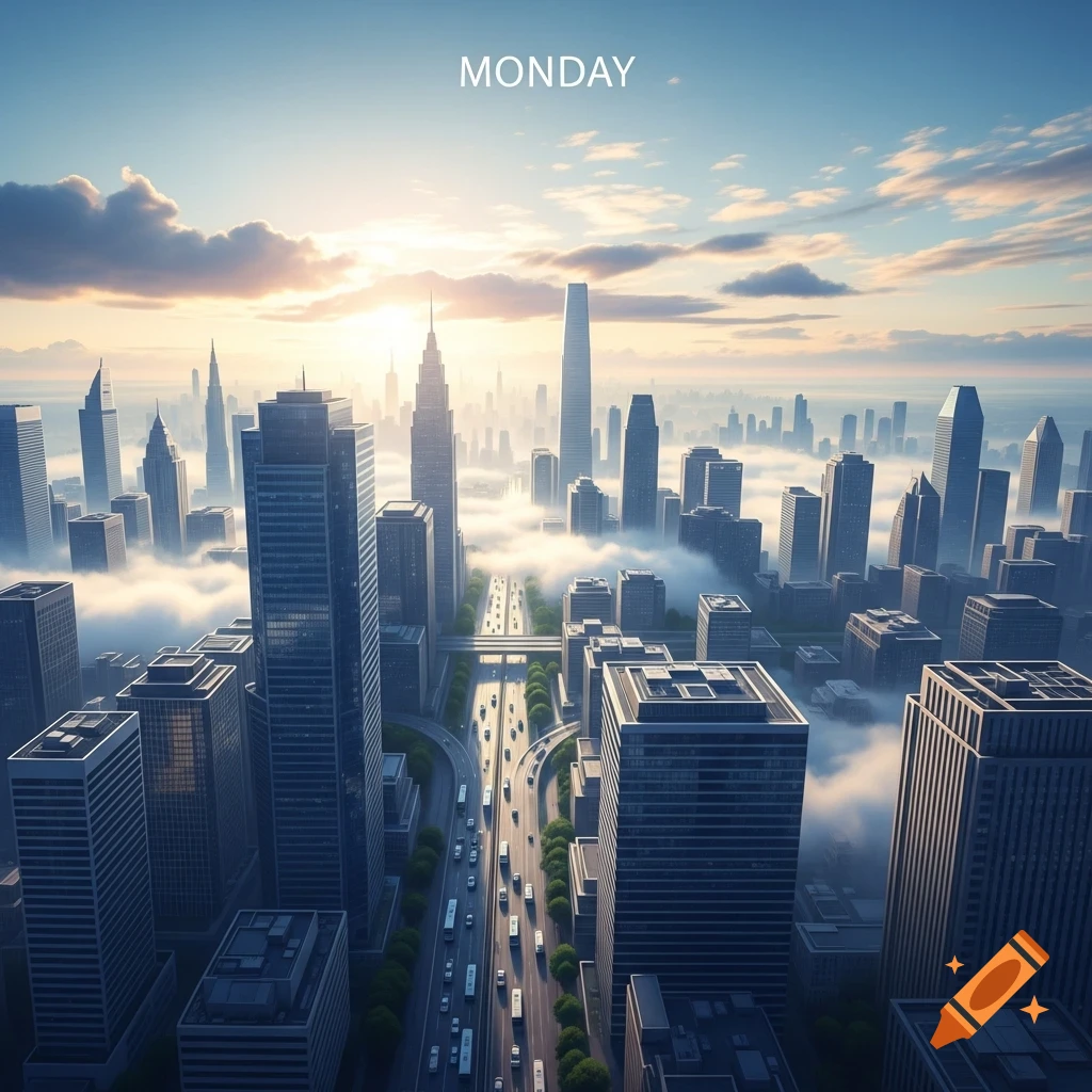 Aerial view of a modern cityscape with skyscrapers emerging from clouds and fog, a busy highway, and the word 'MONDAY' in the sky.