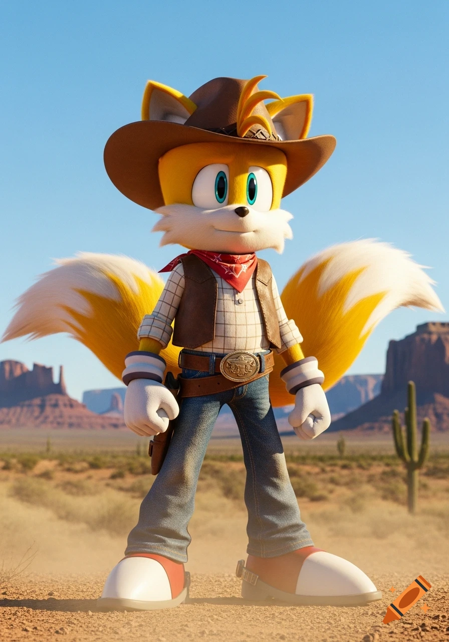 Tails from Sonic the Hedgehog, dressed as a cowboy in a vest, plaid shirt, jeans, and hat, stands in a desert landscape.