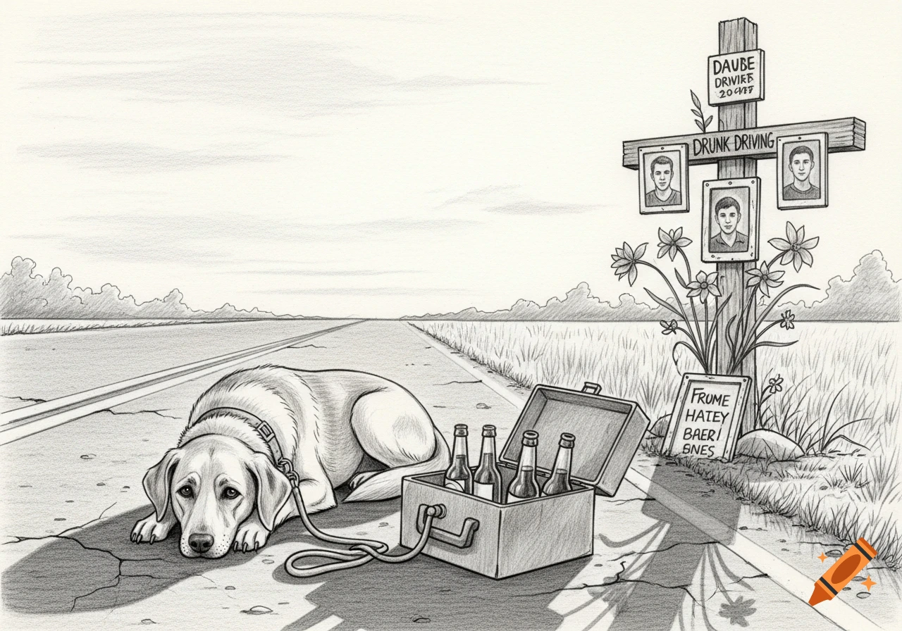 Pencil sketch of a sad dog with a leash tied to a beer case on a road next to a wooden cross memorial with photos and the text "DRUNK DRIVING".