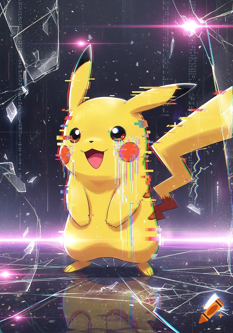 Glitched Pikachu stands amidst shattered glass and digital artifacts with colorful distortions.