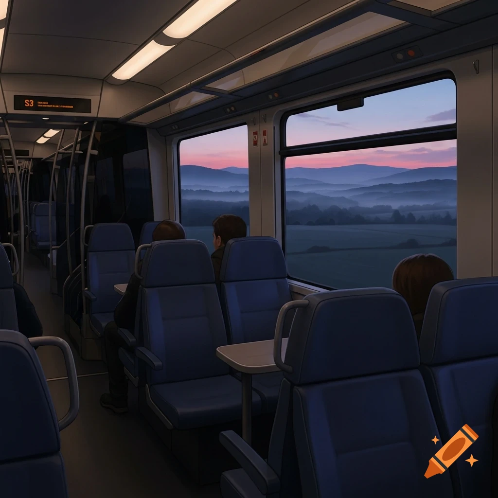 Inside a commuter train at dawn, passengers look out at a misty mountain landscape from the window.