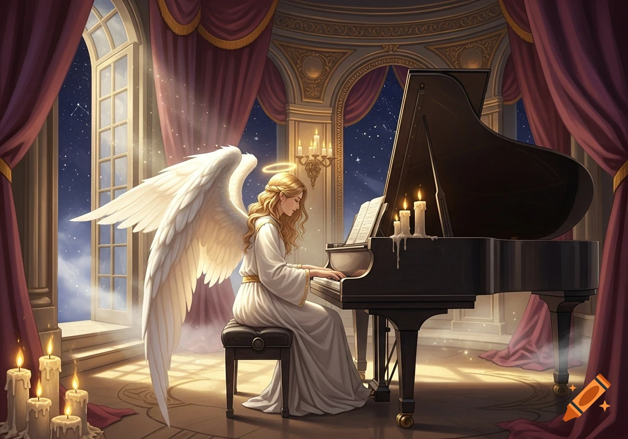 An angelic figure with long blonde hair and large white wings plays a grand piano in an ornate room with large windows overlooking a starry night.