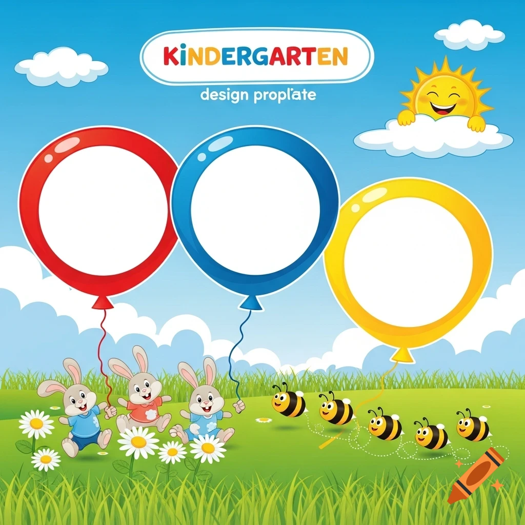 Cartoon scene with bunnies, bees, balloons, sun, and flowers in a grassy field, featuring "KINDERGARTEN" text.