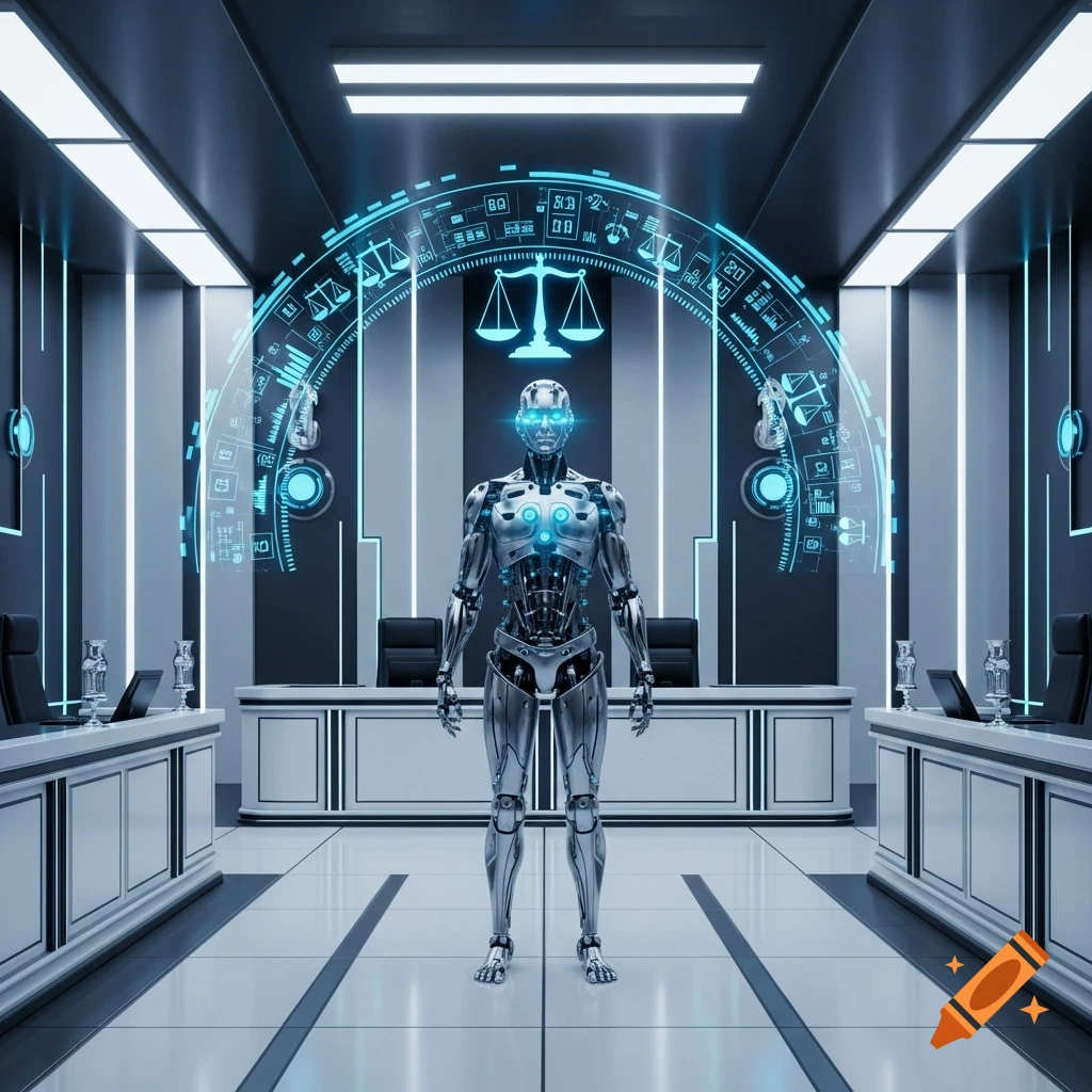 A silver humanoid robot stands in a futuristic courtroom with a glowing blue holographic display featuring scales of justice.