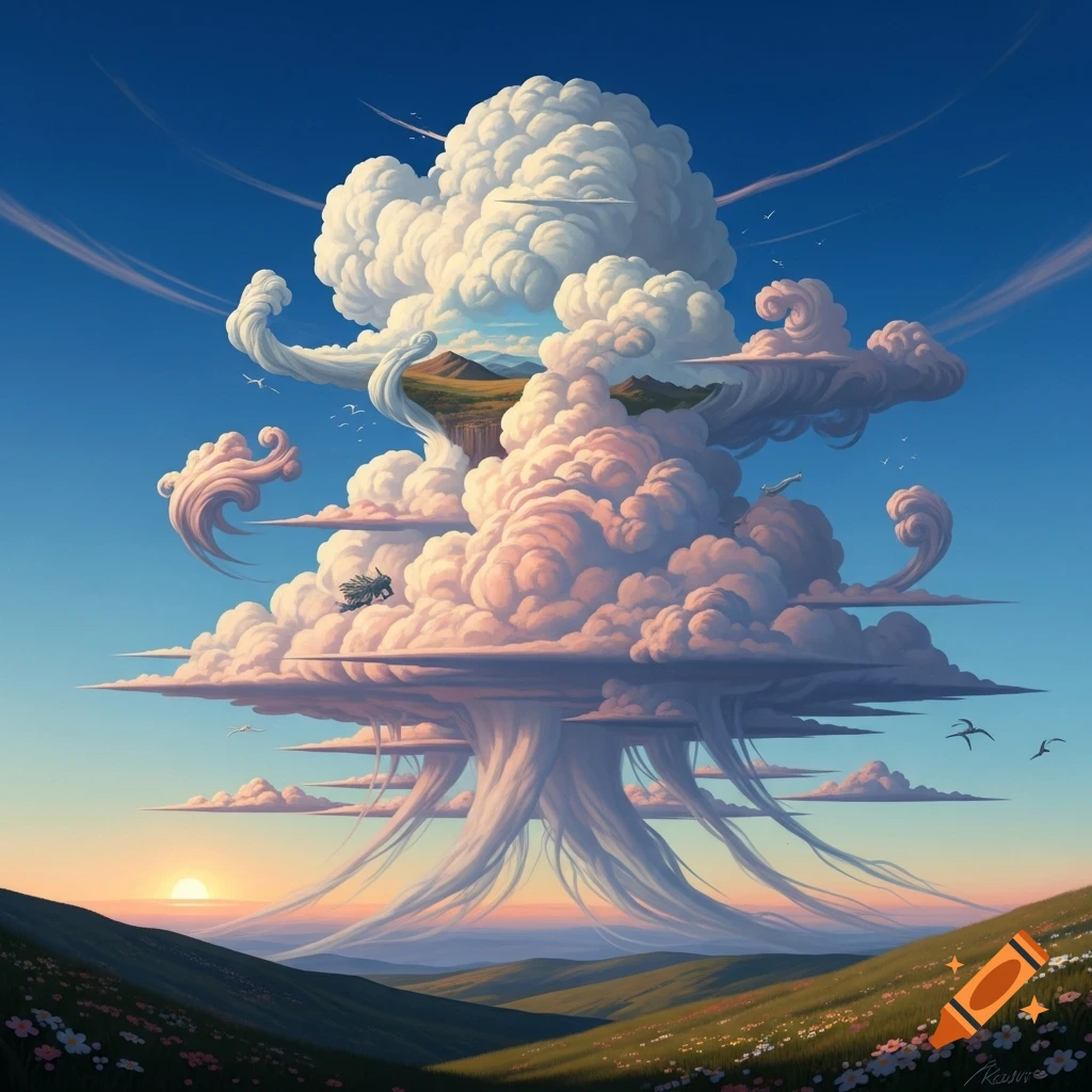 Fantastical cloud formation resembling a towering tree, set against a sunset over rolling green hills with flowers.