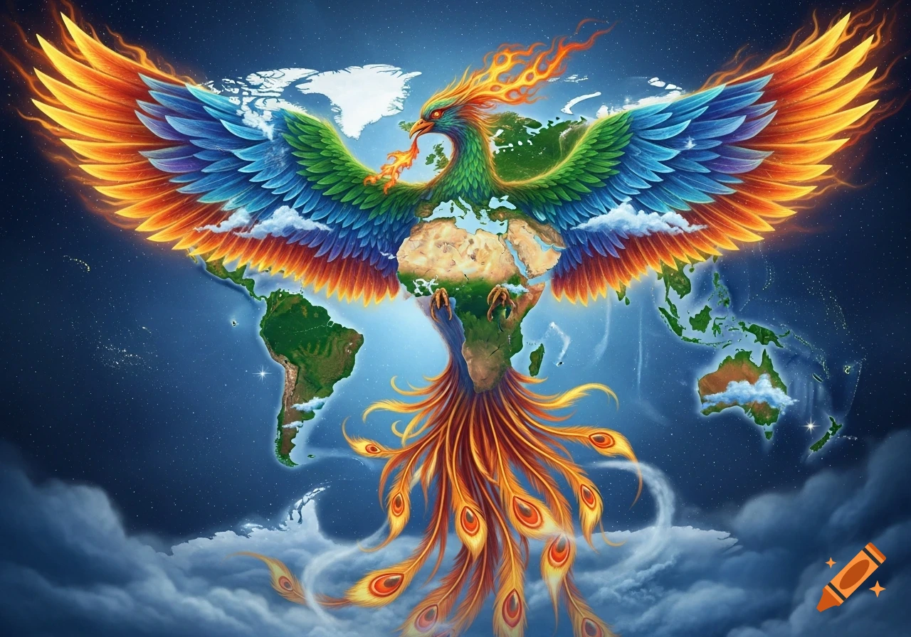 A vibrant, colorful phoenix with outstretched wings forms a detailed world map, its body representing Africa and Europe, against a starry blue sky with clouds below.