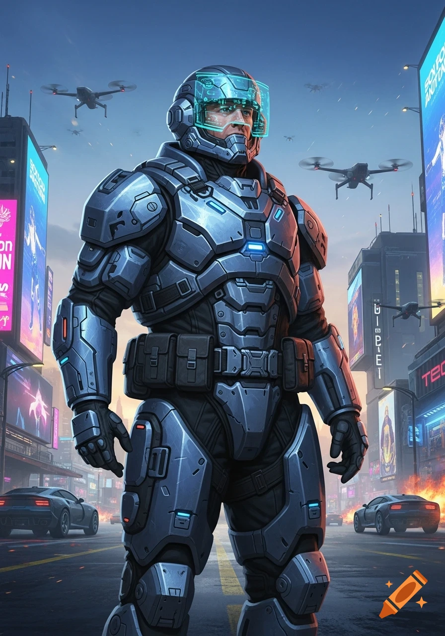 A futuristic soldier in metallic armor with a clear visor stands on a cyberpunk city street with drones, cars, and neon billboards.