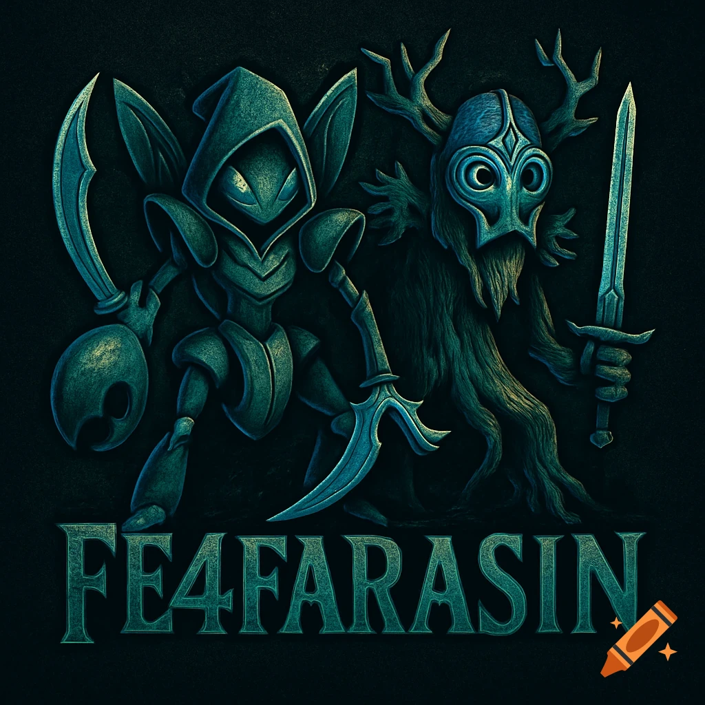 Two stylized dark fantasy figures, one hooded insectoid with blades, one masked tree-like entity with a sword, above 'FE4FARASIN' text.