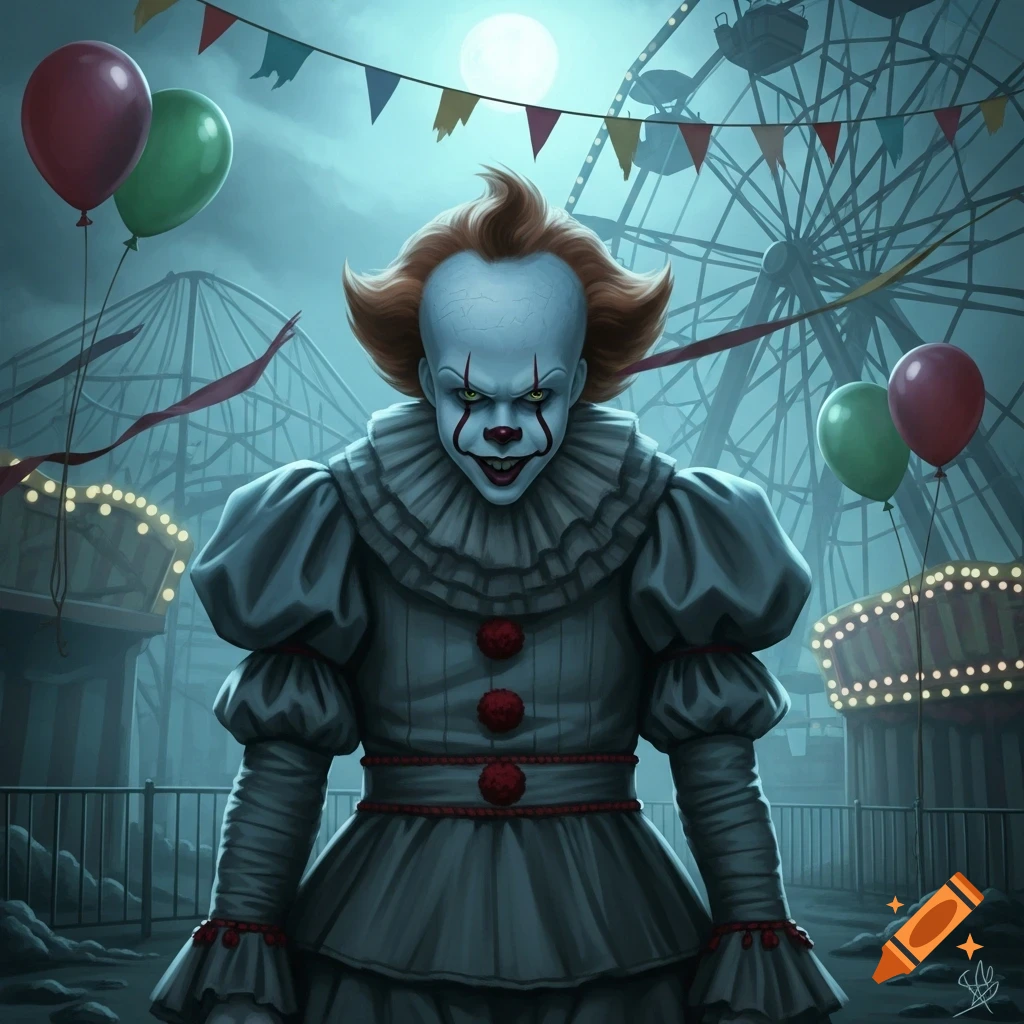 A creepy Pennywise the clown smiles menacingly in a dark, atmospheric carnival setting with balloons and a Ferris wheel.