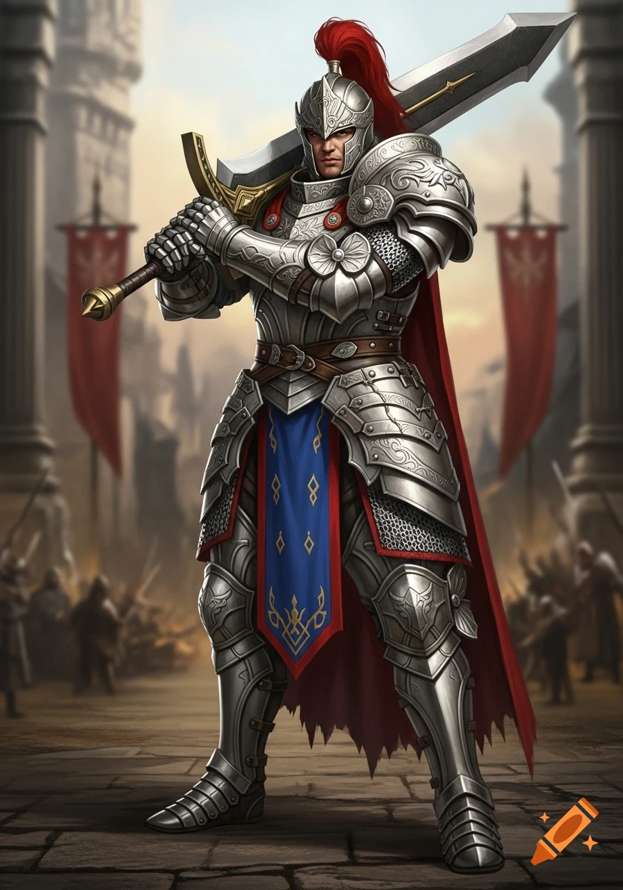 A male warrior knight in ornate silver heavy medieval armor with a red plume, holding a greatsword over his shoulder in a fantasy digital painting style.