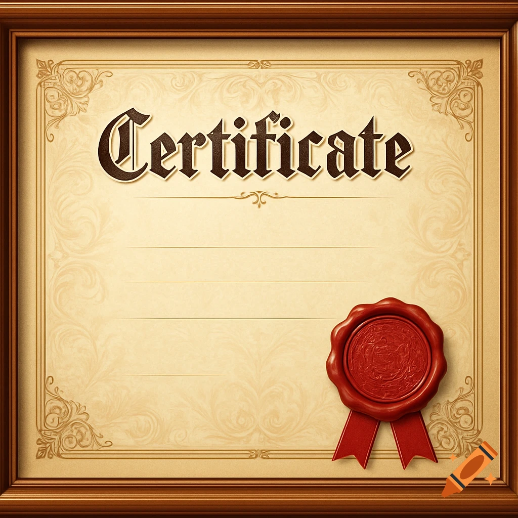 A brown framed vintage certificate with 'Certificate' text at the top and a red wax seal with ribbons in the bottom right.