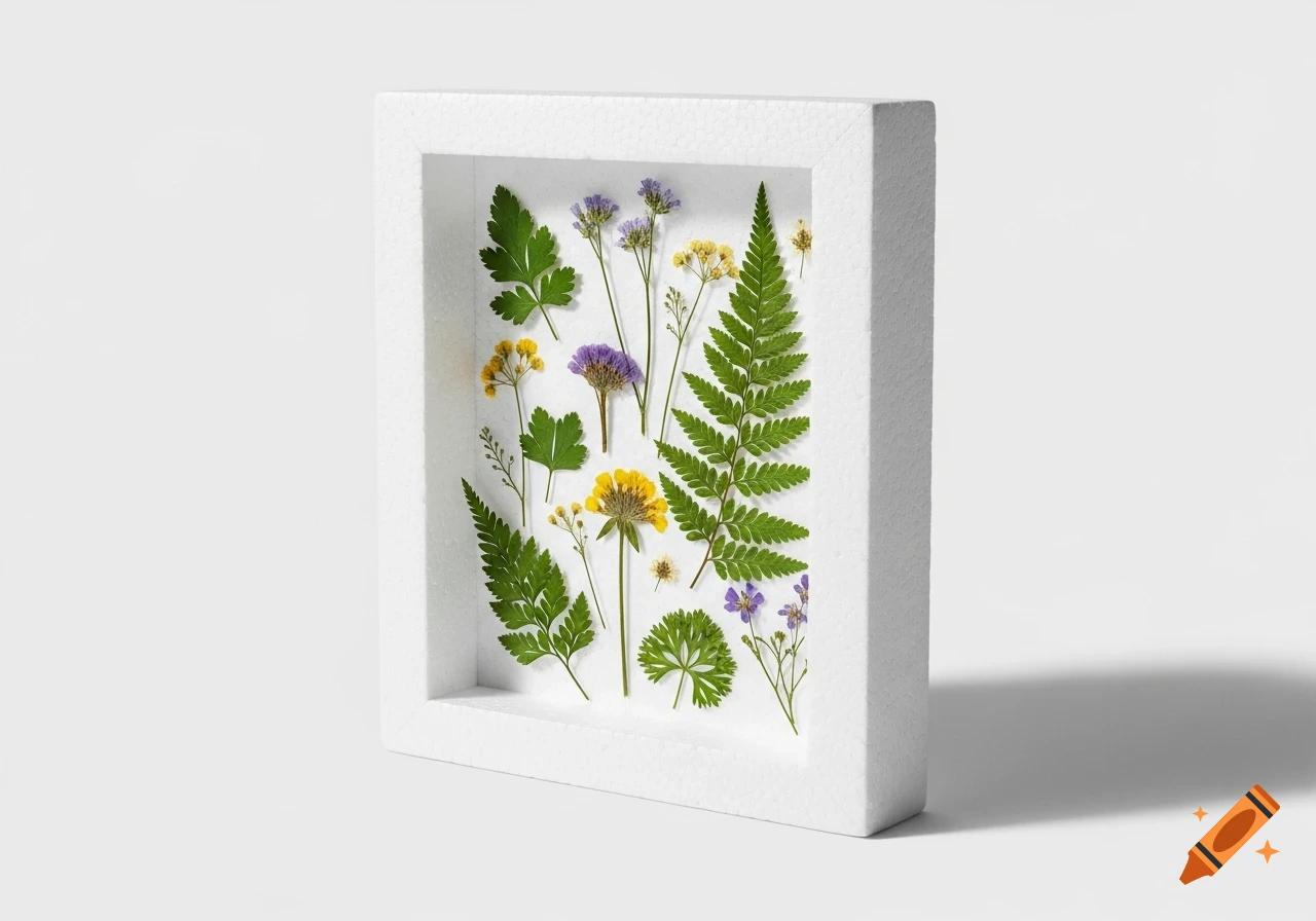 A white styrofoam shadow box frame displays an arrangement of pressed green ferns, small yellow, and purple dried flowers.