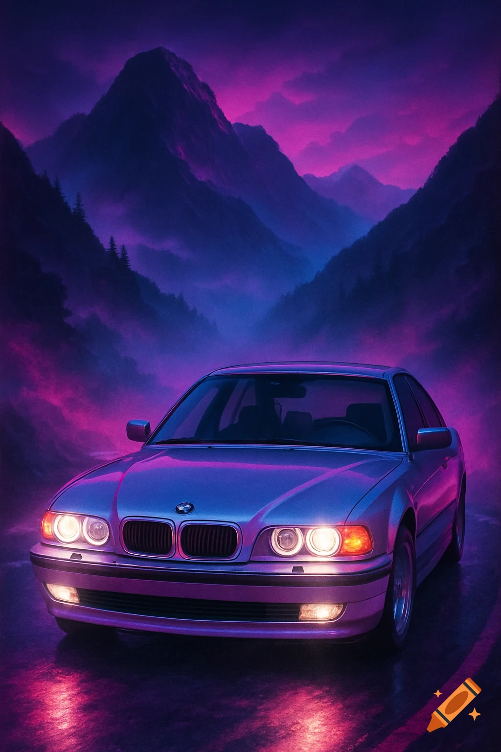 A silver BMW E38 sedan parked on a mountain road at night, illuminated by neon purple and pink lights from the surrounding foggy mountains.