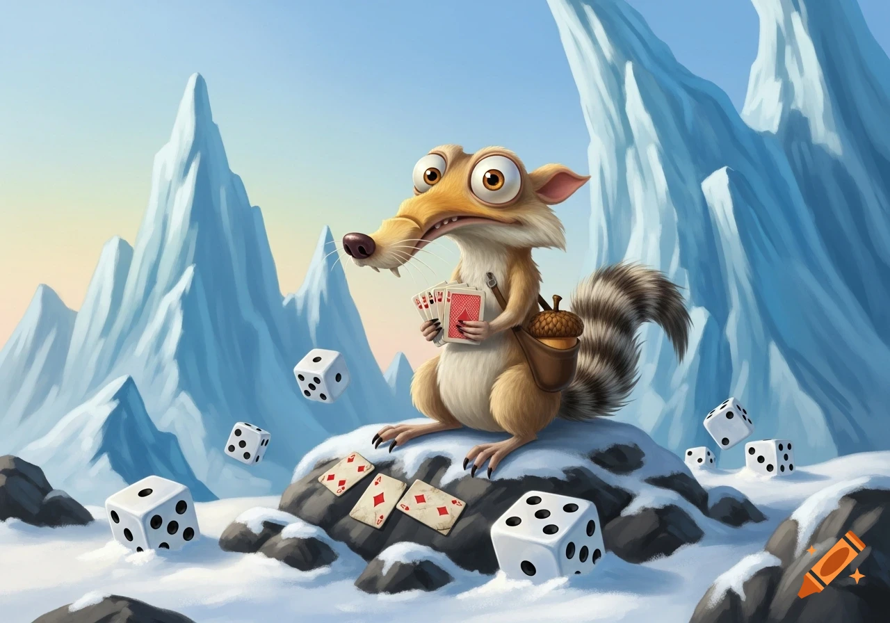 Scrat from Ice Age, a cartoon squirrel, holds playing cards while sitting on a snowy rock amidst scattered dice and more cards, with icy mountains in the background.