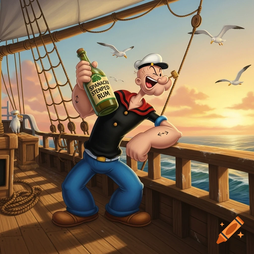 Popeye the Sailor stands on a wooden ship at sunset, laughing and holding a bottle of 'SPNACHI STENPED RUM'. Seagulls fly overhead in this animated style.
