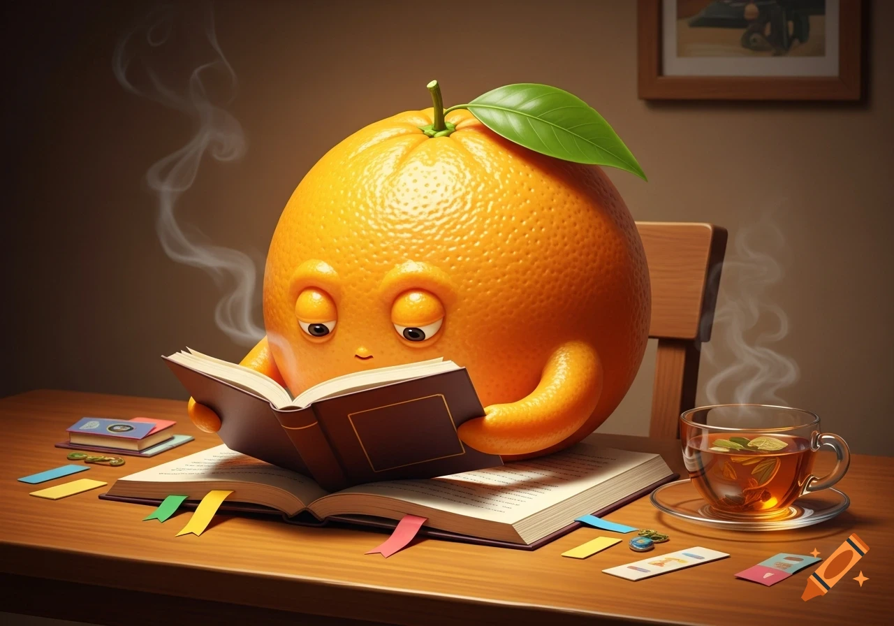 A cute cartoon orange with a leaf on its head sits at a wooden desk, engrossed in reading an open book, with a steaming cup of tea nearby.