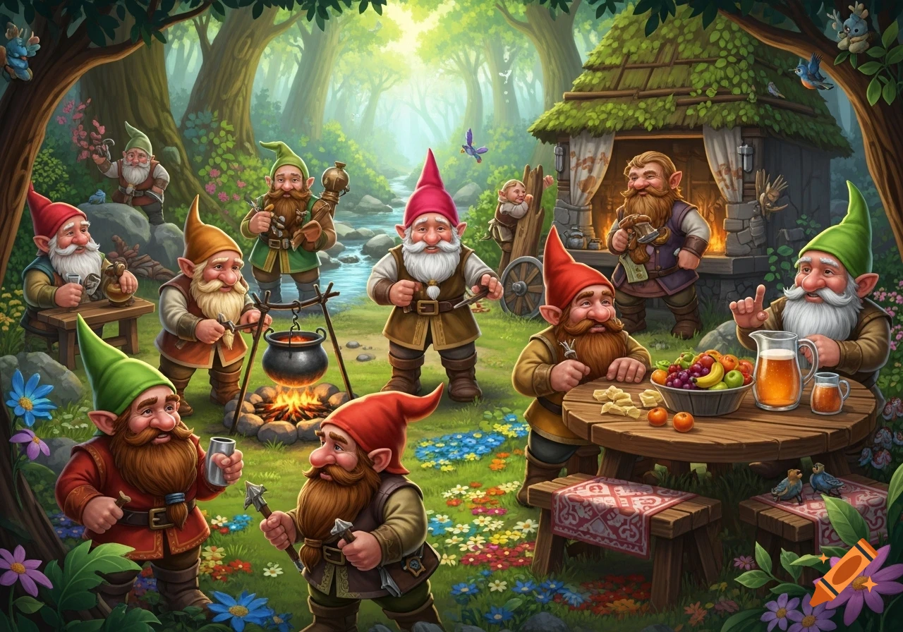 A group of gnomes gather in a lush forest, some cooking over a fire, others eating and drinking at a wooden table near a small hut.