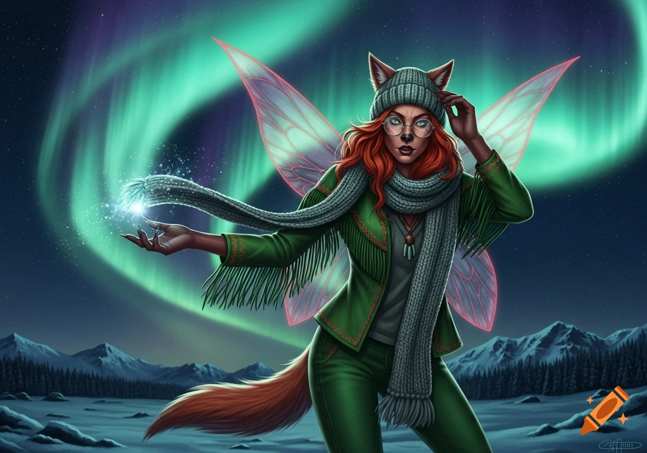 A red-haired fox-like fairy in a green winter outfit, beanie, and scarf, with glasses and wings, creates a glowing aurora borealis.