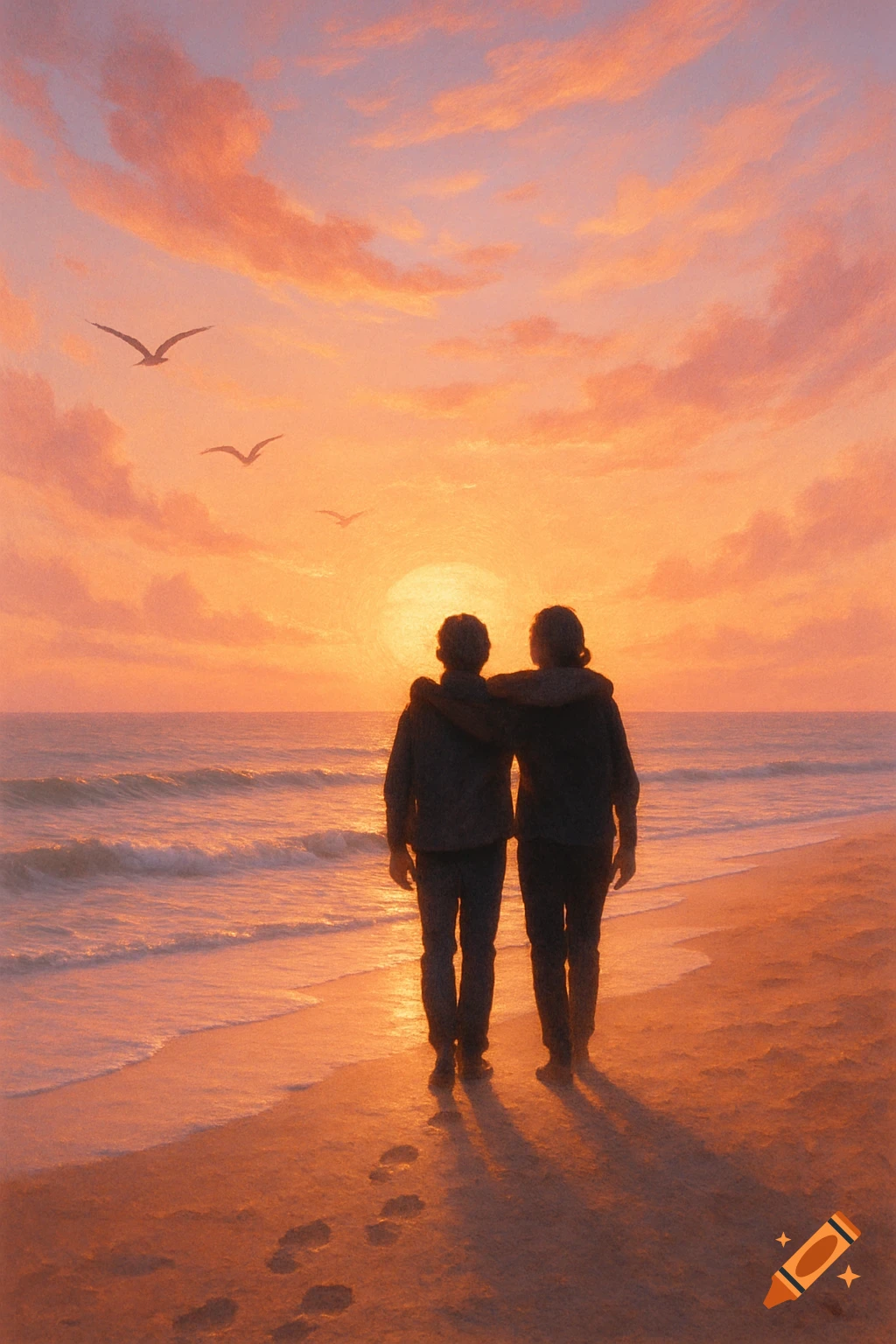 Two figures with arms around each other stand on a beach at sunset, looking out at the ocean, with footprints in the sand.