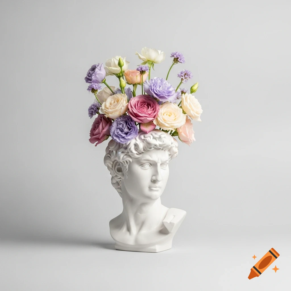 A white ceramic David bust sculpture with a bouquet of pastel flowers emerging from its head, on a light grey background.