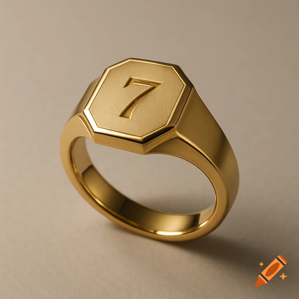 Photorealistic golden signet ring with an octagonal face engraved with the number '7'.