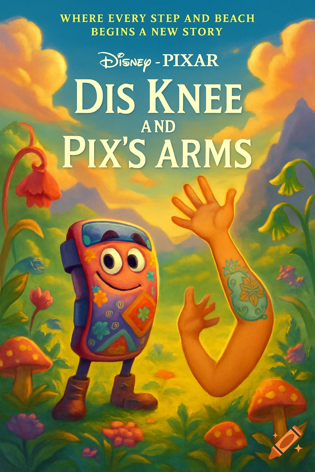 A whimsical Disney-Pixar movie poster parody with an animated, colorful suitcase and a tattooed arm in a vibrant forest of giant mushrooms and flowers, titled 'Dis Knee and Pix's Arms'.