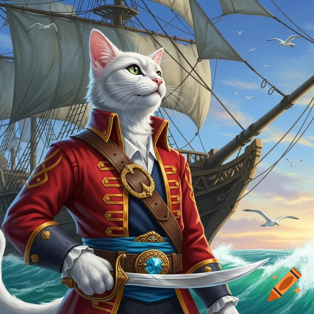 White anthropomorphic cat pirate in a red tunic holds a cutlass, looking up with a ship and gulls at sea in the background.