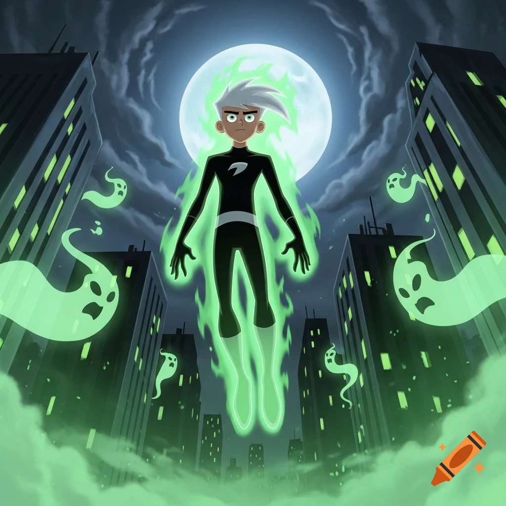 Cartoon Danny Phantom floats glowing green in a dark city with ghosts and a full moon.