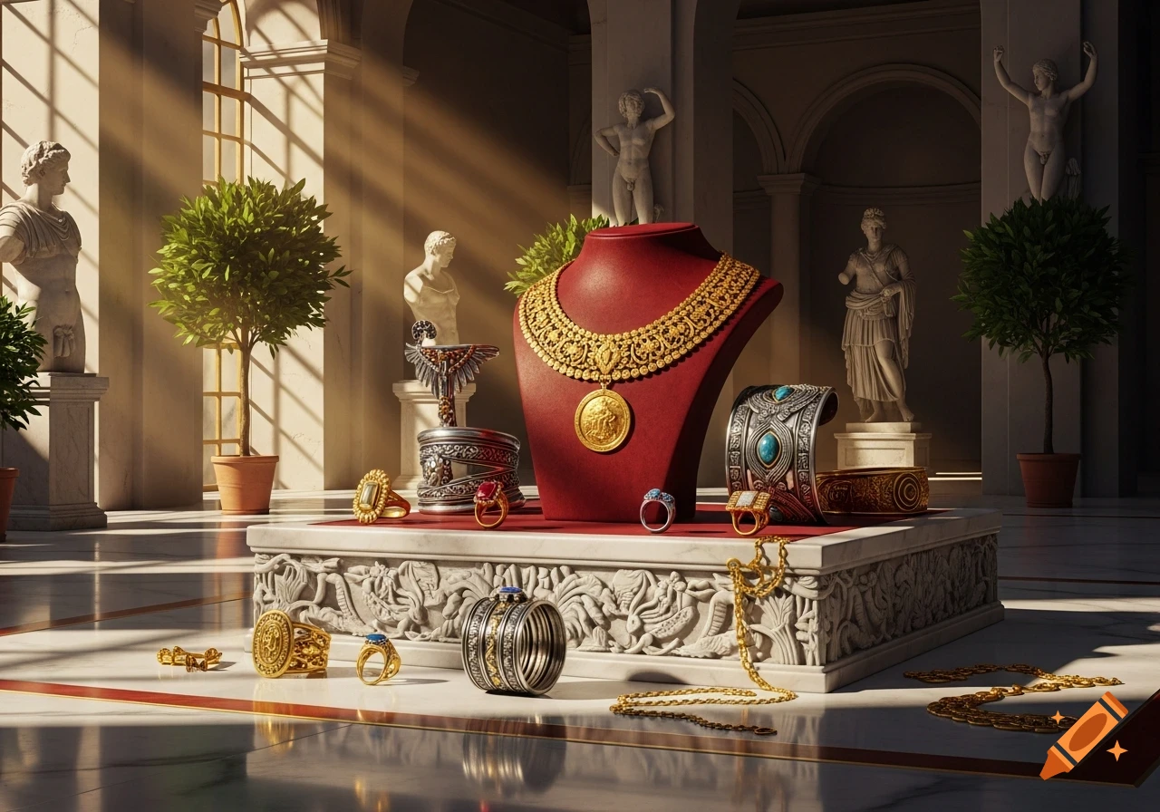Ornate gold and silver jewelry on a red stand and stone pedestal in a sunlit classical Roman hall with statues.