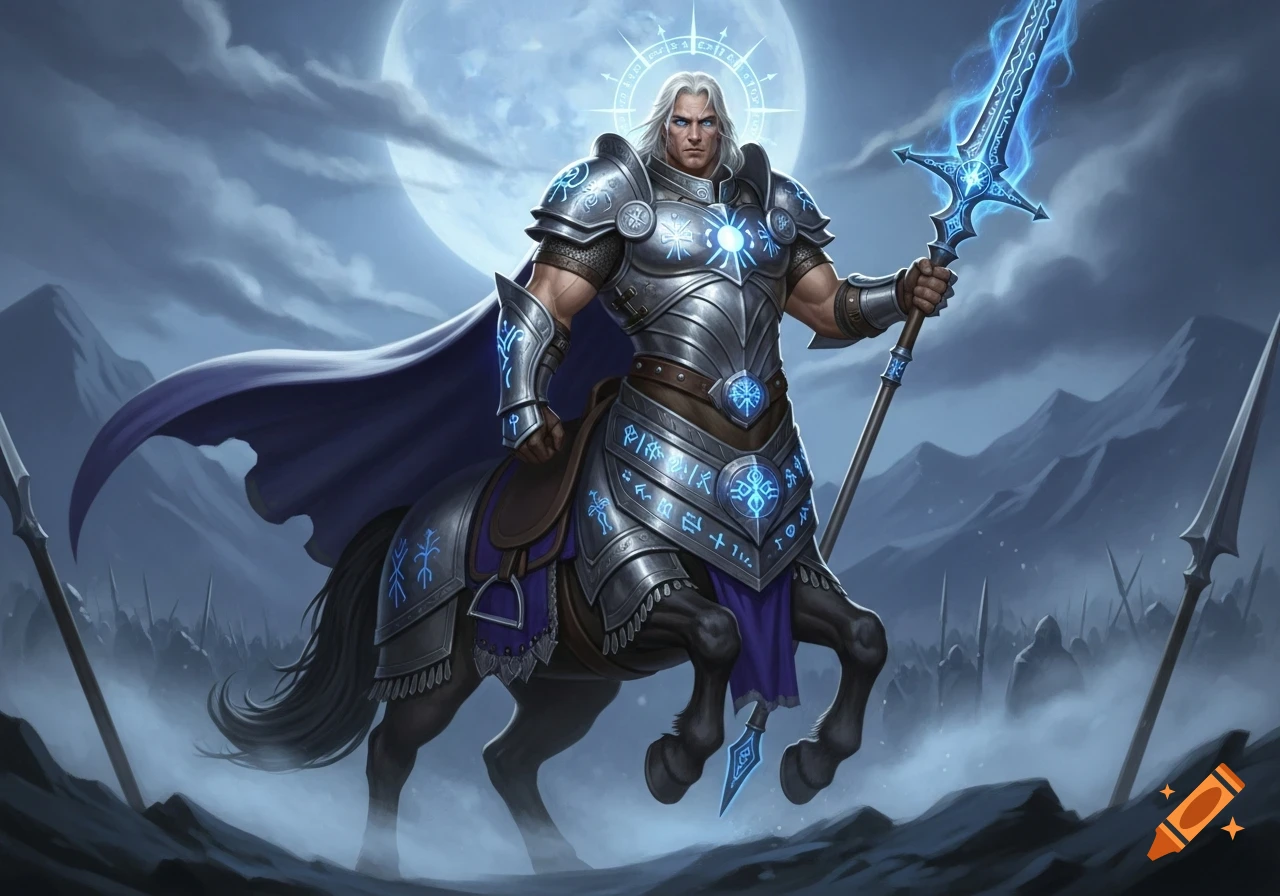 A majestic centaur paladin in intricate glowing silver and blue armor holds a lance, illuminated by a full moon above a misty battlefield.
