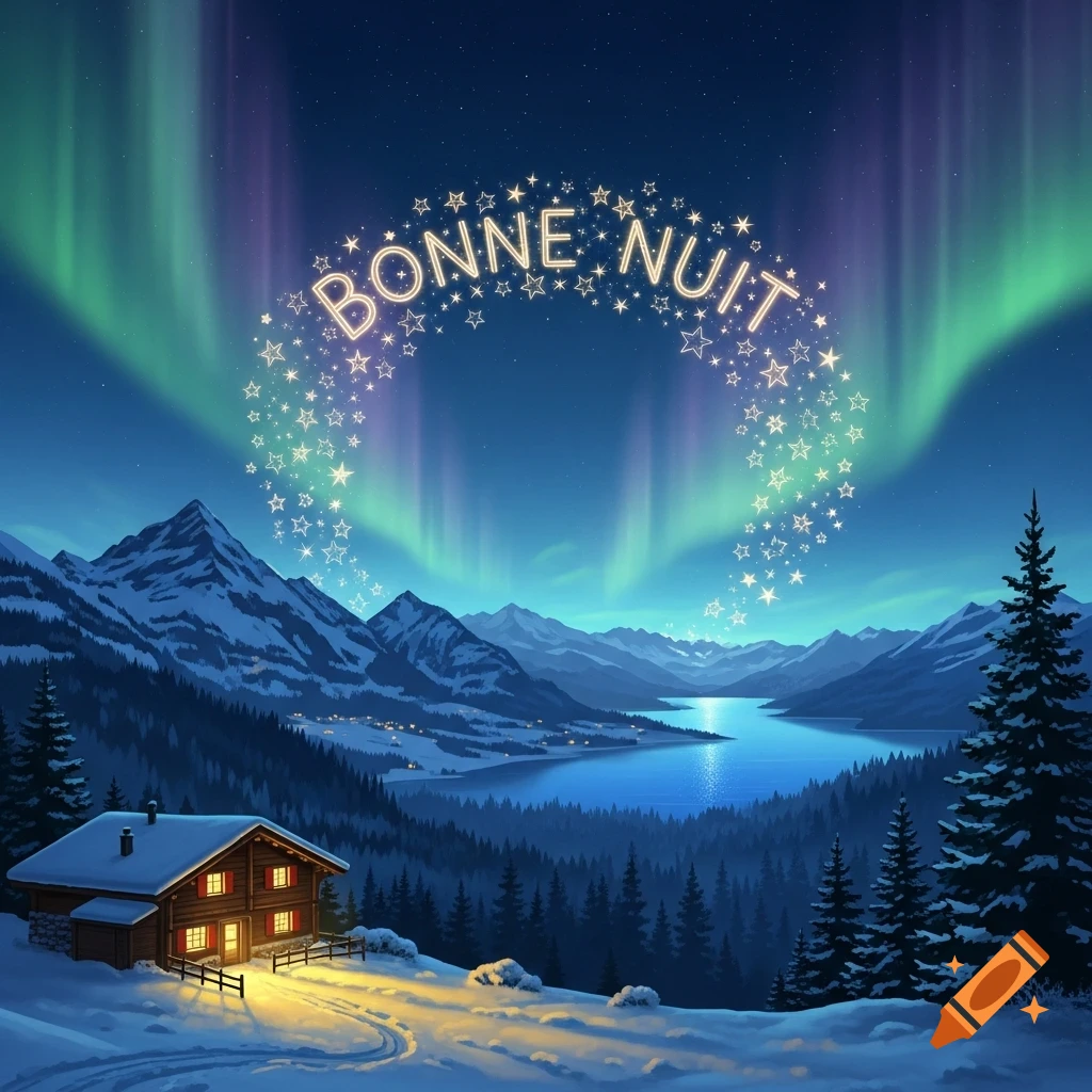 An illustration of a snowy mountain landscape with a cozy cabin, a reflective lake, and the Northern Lights, featuring 'BONNE NUIT' spelled out in a starry arc.