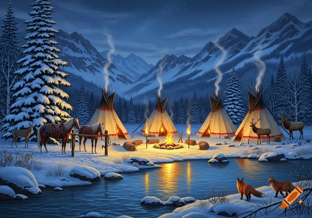 Illustrated winter night scene: Native American camp with tipis, campfire, horses, deer, elk, and foxes by a snowy river in mountains.