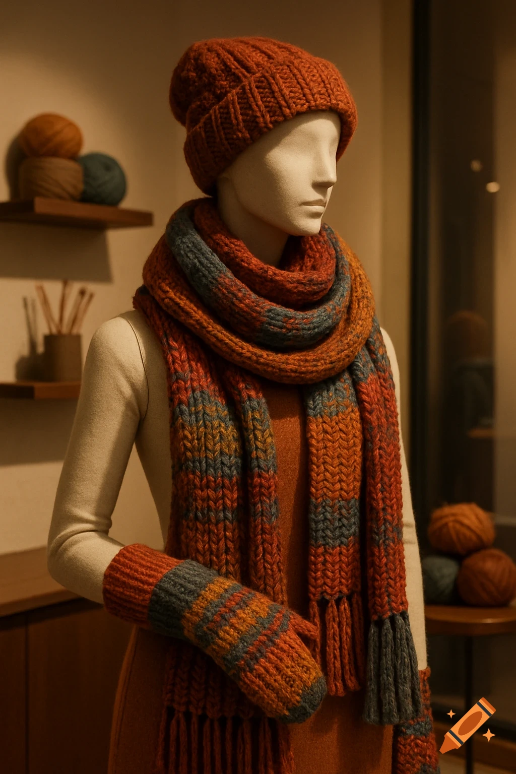 A mannequin wears an orange and gray knitted hat, scarf, and mittens, with yarn balls in the background.
