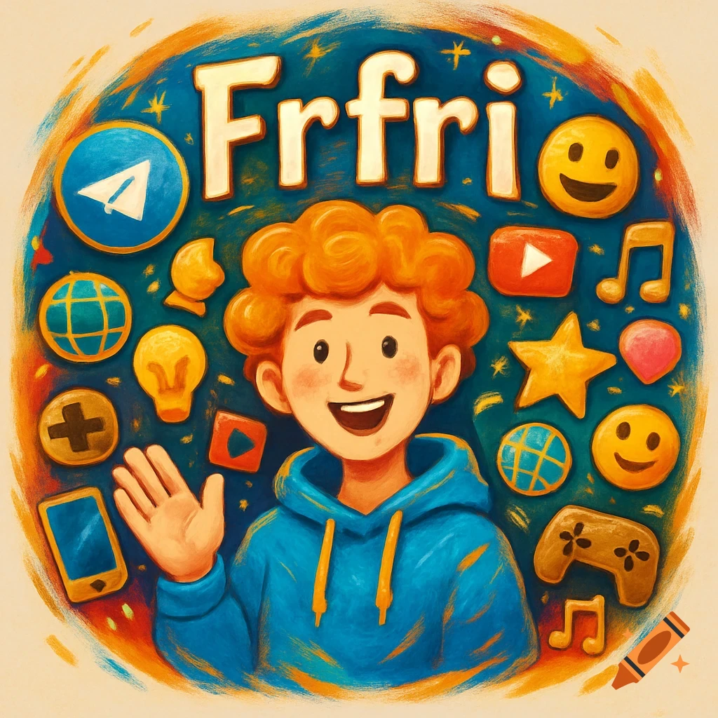 Cartoon illustration of a person with orange curly hair in a blue hoodie, waving amidst social media and digital icons, with 'Frfri' text.