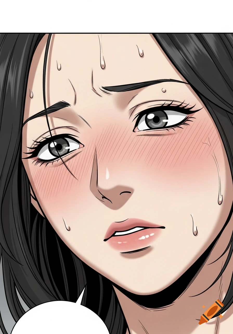 Close-up webtoon illustration of a woman's distressed face, blushing with sweat, in a Korean manhwa style.