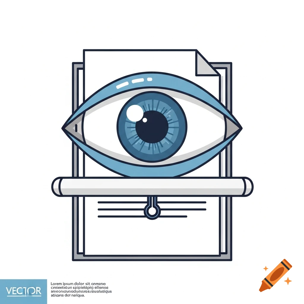 Stylized blue eye looking at a document with a scroll bar, in a clean vector illustration style.
